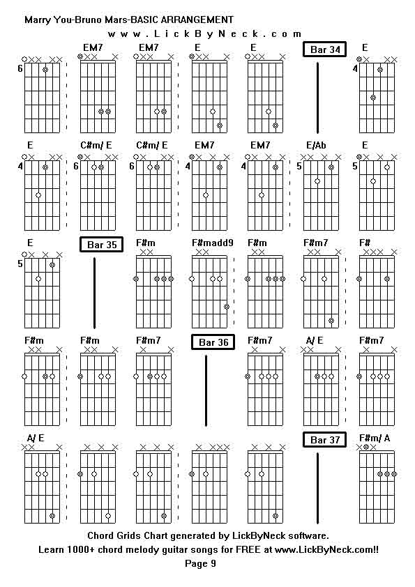 Chord Grids Chart of chord melody fingerstyle guitar song-Marry You-Bruno Mars-BASIC ARRANGEMENT,generated by LickByNeck software.